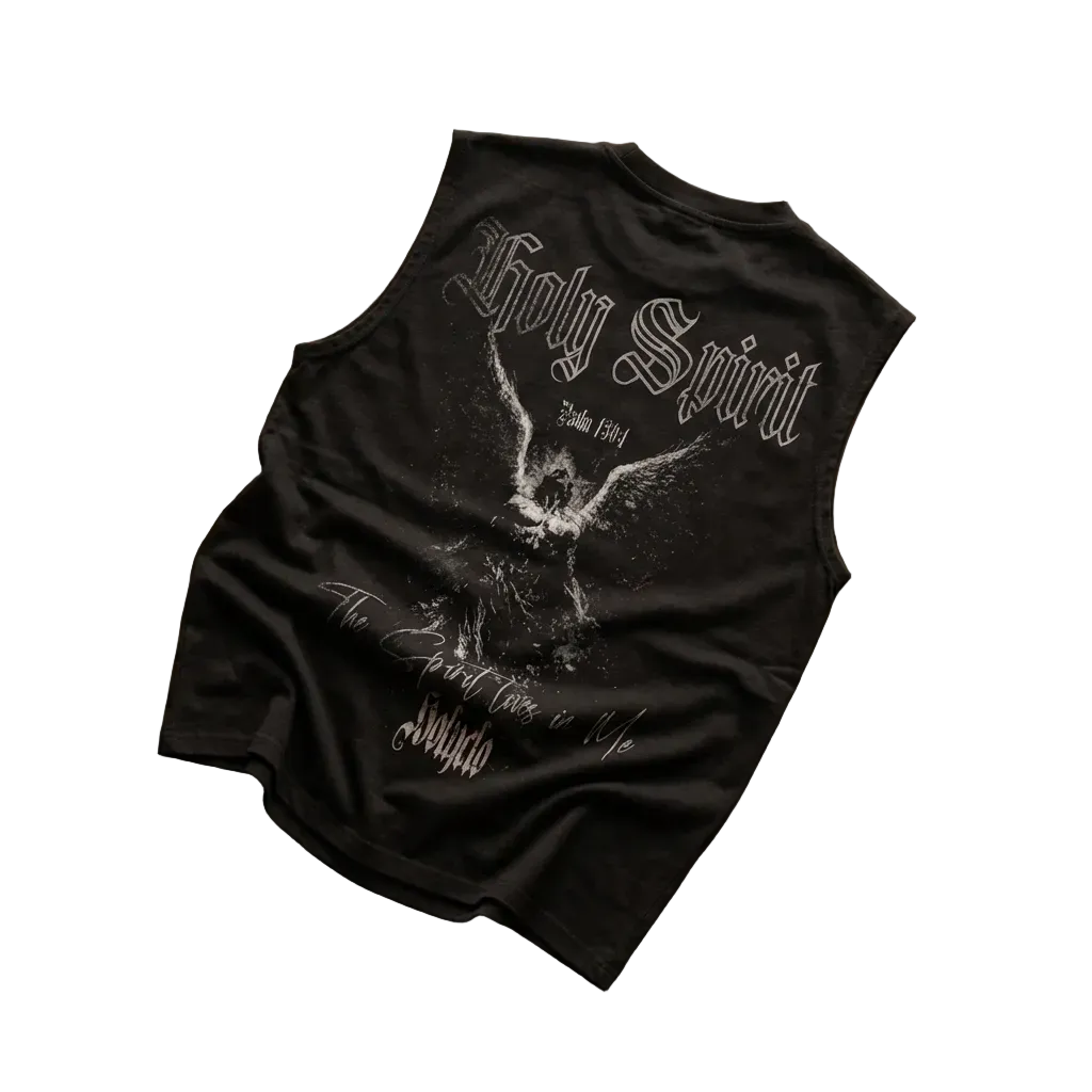 Holy Spirit Tank Top in Schwarz mit Holy Spirit Rückenprint als Flatlay