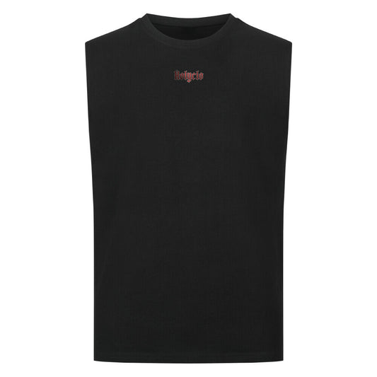 Child of God Oversized Tank in Schwarz mit kleinem rotem Holyclo-Logo auf der Vorderseite.