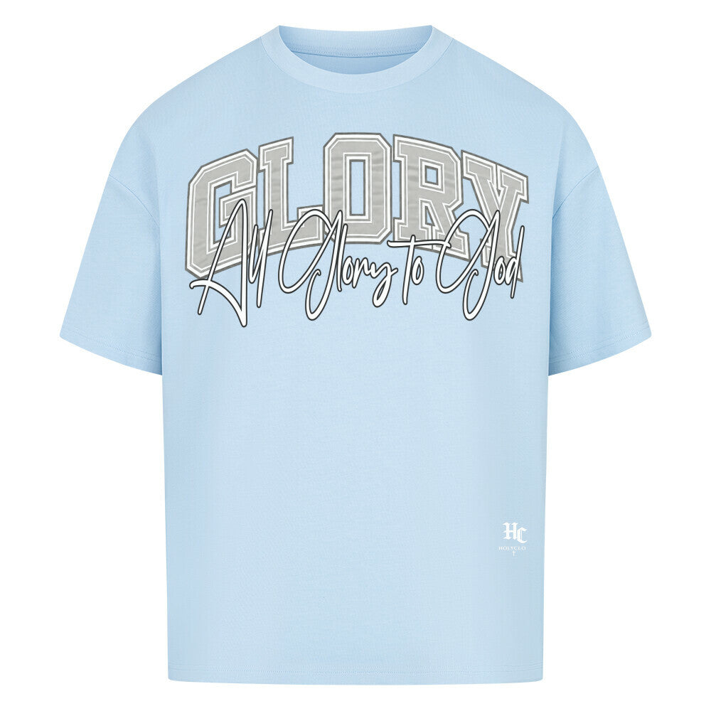 Hellblaues GLORY Oversized T-Shirt von Holyclo mit modernem christlichem Frontprint.