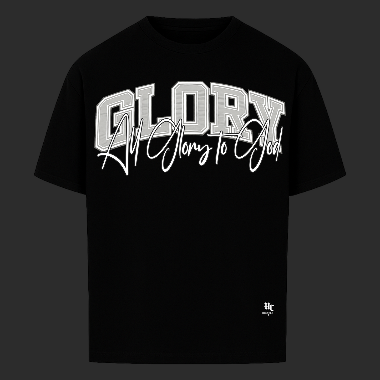 Schwarzes GLORY Oversized T-Shirt von Holyclo mit modernem christlichem Frontprint.