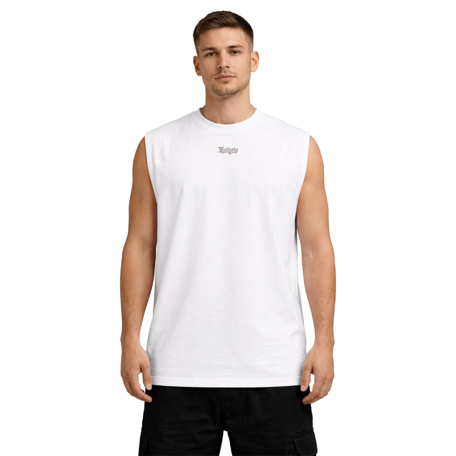 Model trägt das Holy Spirit Tank Top in Weiß von Holyclo – Christliche Streetwear