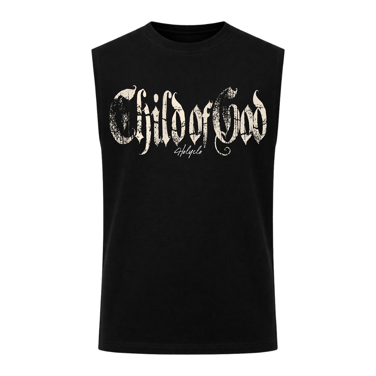 Holyclo Child of God Oversized Tank Schwarz – Vorderseite des Produkts mit großem Child of God Frontprint und Holyclo Logo.