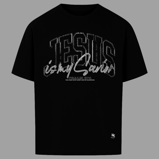 Schwarzes JESUS IS MY SAVIOR Oversized T-Shirt von Holyclo mit großem Frontprint und christlichem Streetwear Design.