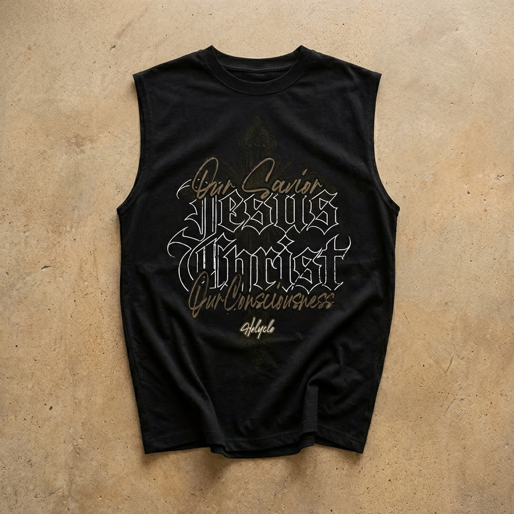 Our Savior Jesus Christ Tank Top in Schwarz mit Frontprint als Flatlay