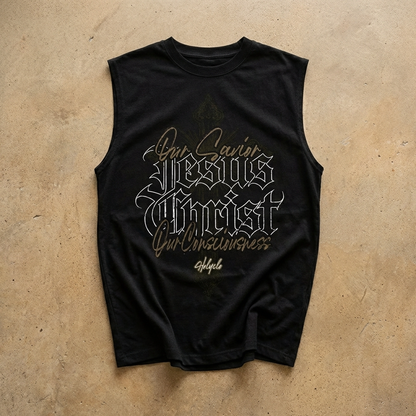 Our Savior Jesus Christ Tank Top in Schwarz mit Frontprint als Flatlay