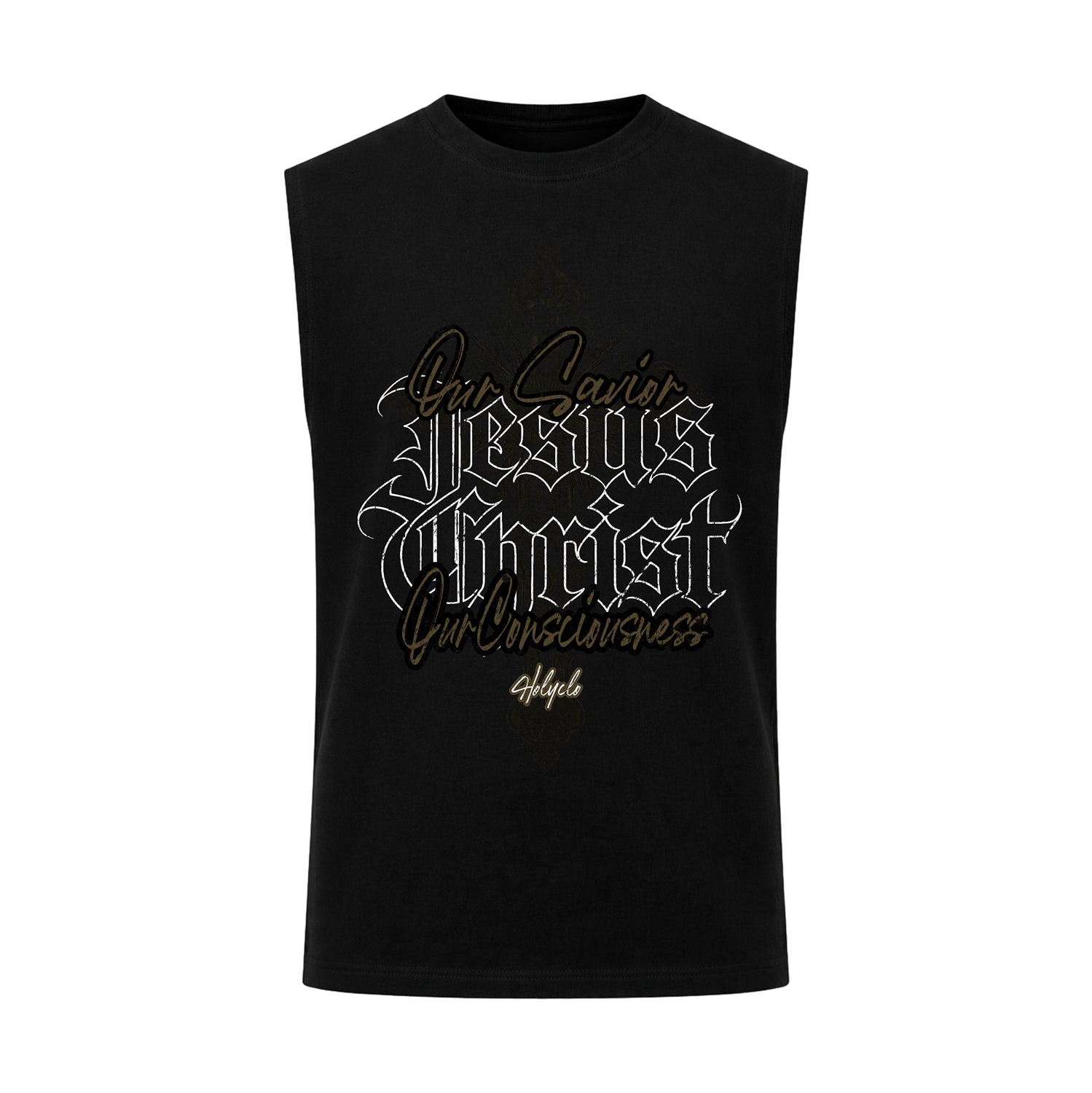 Our Savior Jesus Christ Tank Top in Schwarz mit Frontprint von Holyclo