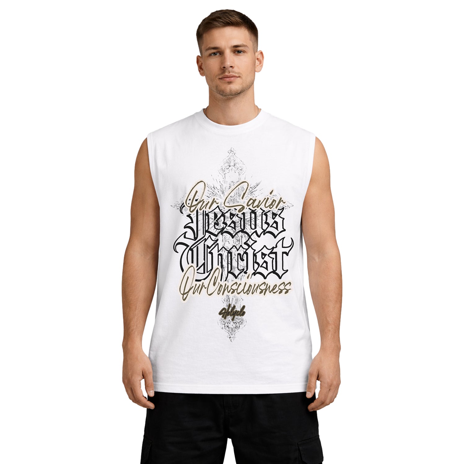 Our Savior Jesus Christ Tank Top in Weiß am Model – Christliche Streetwear von Holyclo