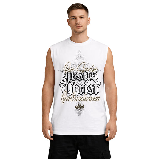 Our Savior Jesus Christ Tank Top in Weiß am Model – Christliche Streetwear von Holyclo